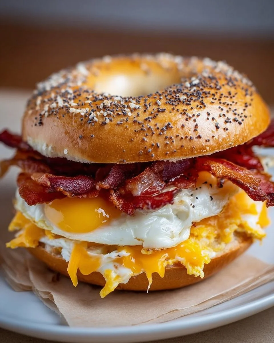 Delicious Bacon Egg Cheese Bagel Sandwich served on a wooden board
