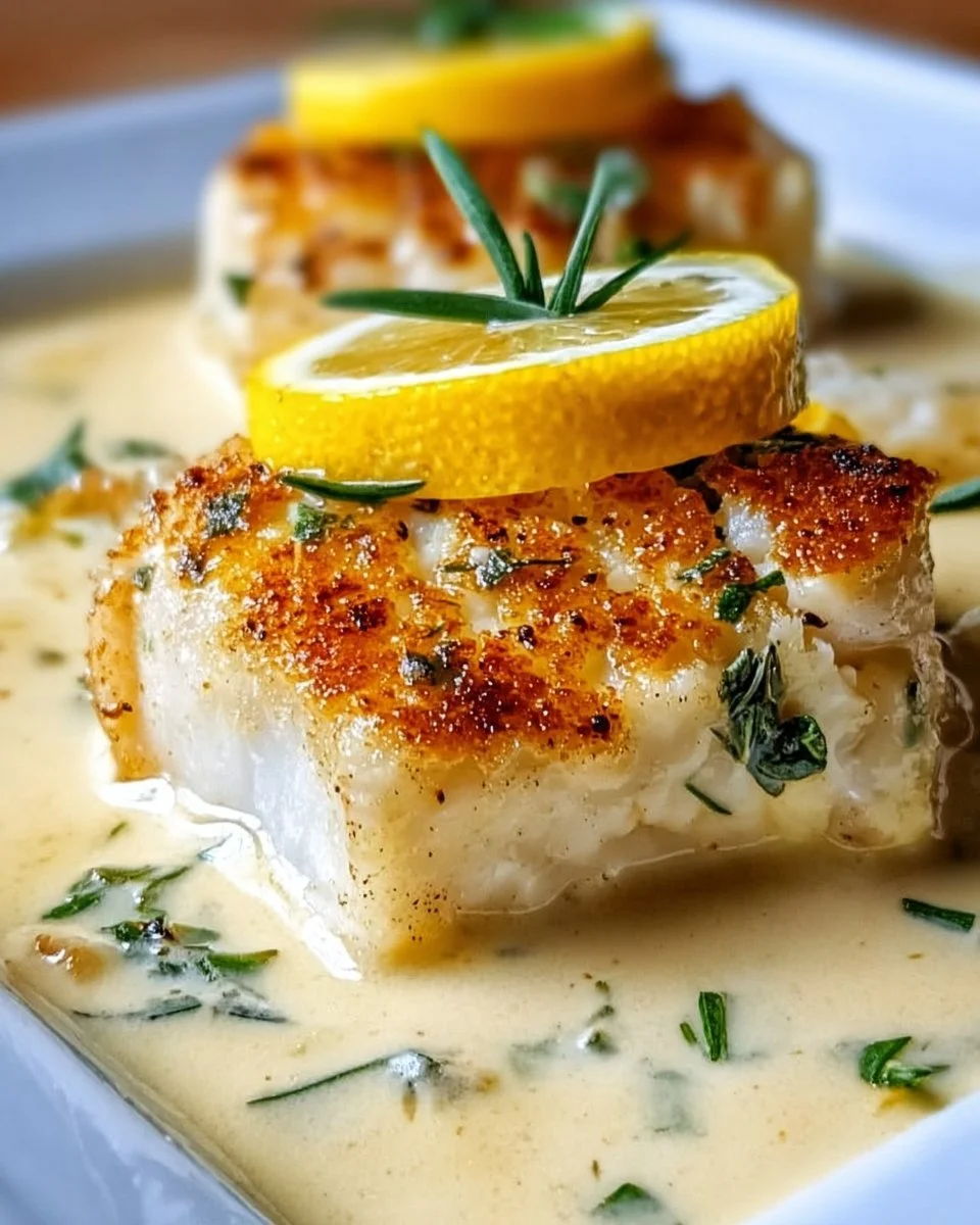 Baked Cod in Coconut Lemon Cream Sauce served on a plate with lemon slices