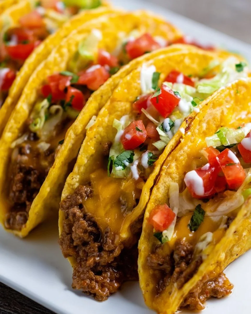 Delicious baked tacos topped with cheese and fresh ingredients