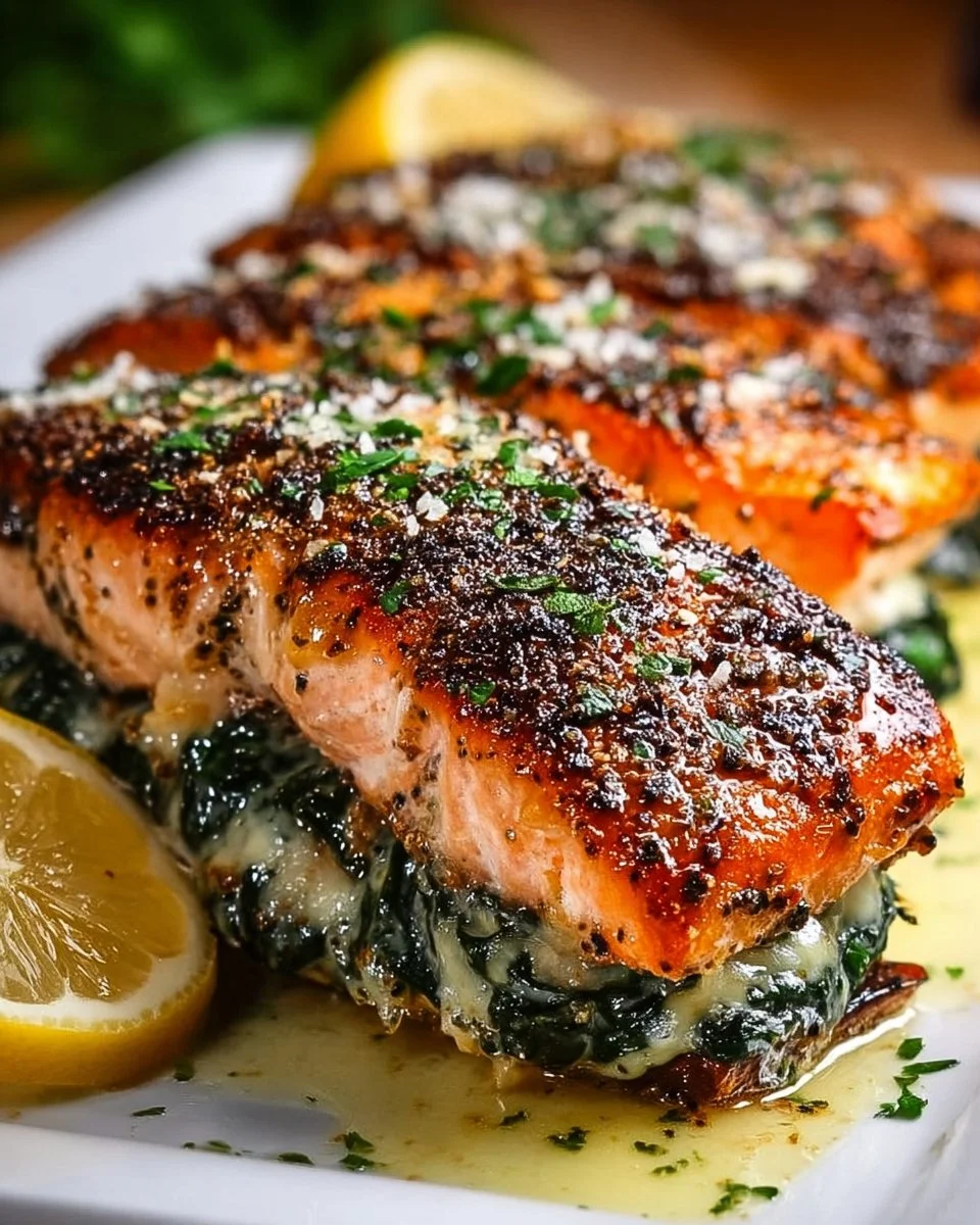 Blackened salmon fillet stuffed with spinach and Parmesan cheese, served on a plate.