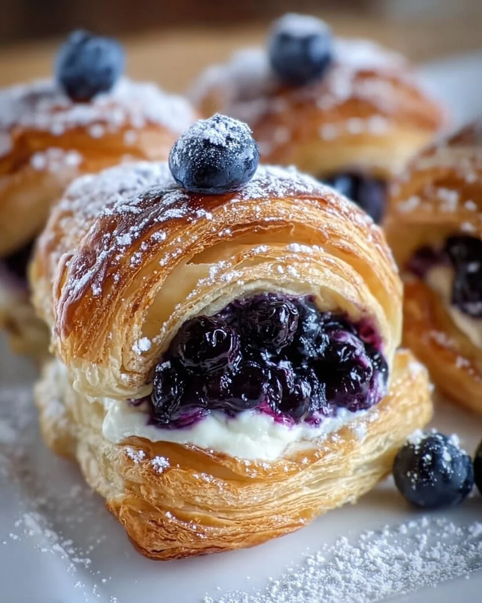 Delicious blueberry cream cheese puff pastry garnished with fresh blueberries