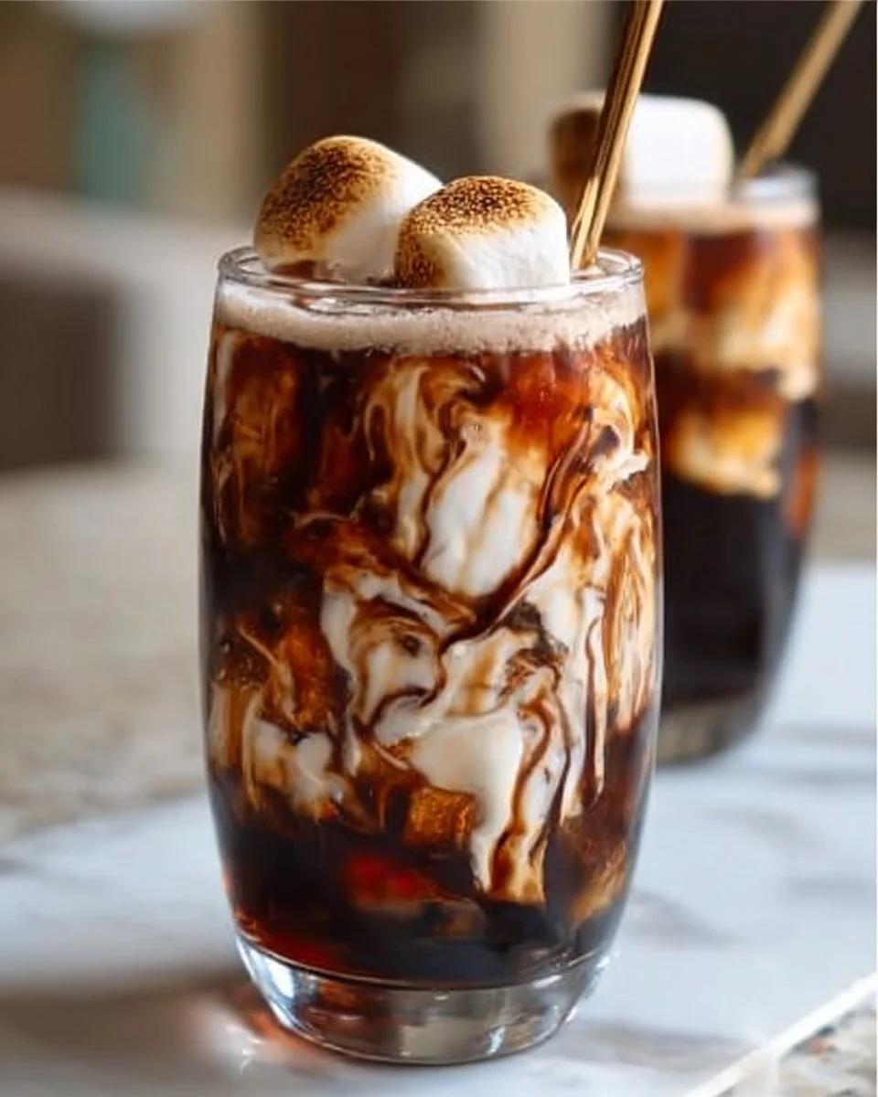 Campfire Cola dirty soda with s'mores ingredients in a glass
