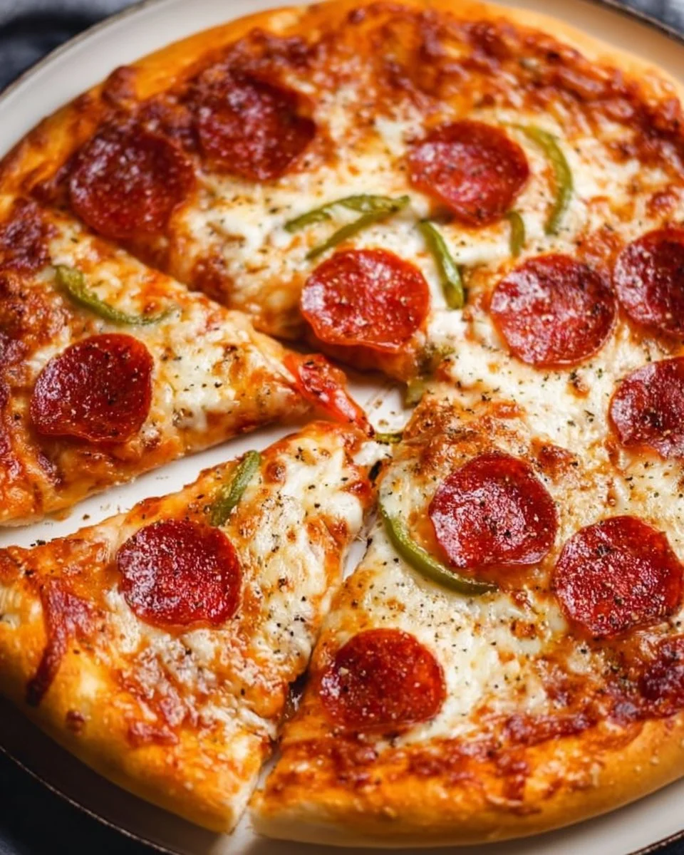 Homemade cast iron skillet pizza with fresh toppings and a golden crust