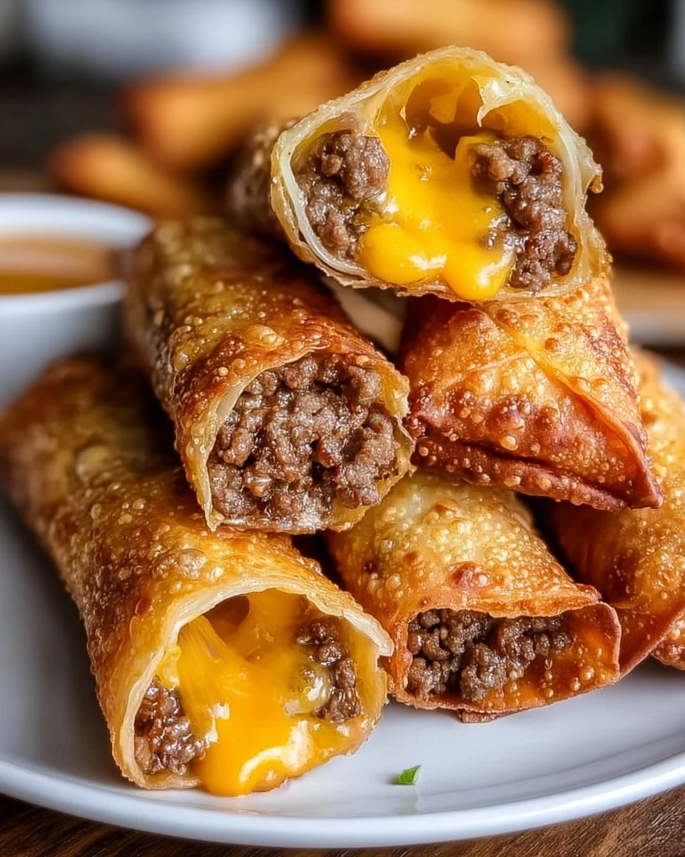 Homemade cheeseburger eggrolls served with dipping sauce on a plate