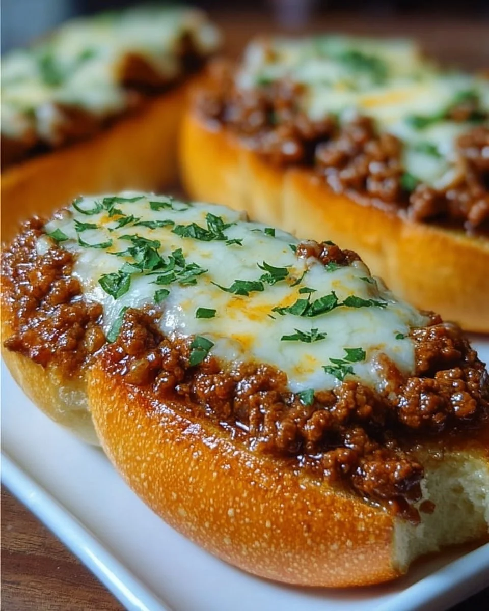 Cheesy Garlic Bread Sloppy Joe Melts topped with melted cheese and garlic