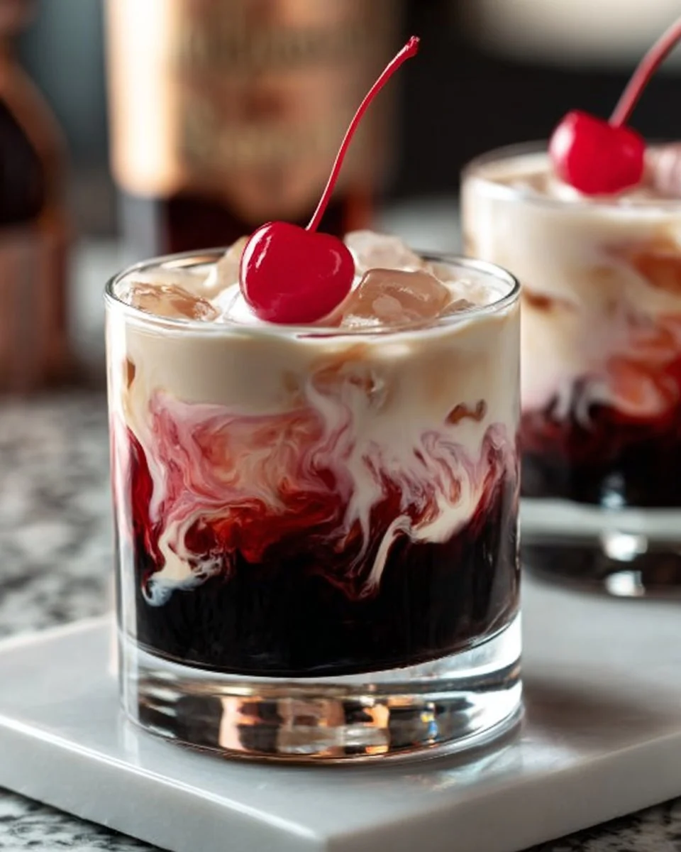 A delicious Cherry Rose Mudslide cocktail garnished with cherries and rose petals.