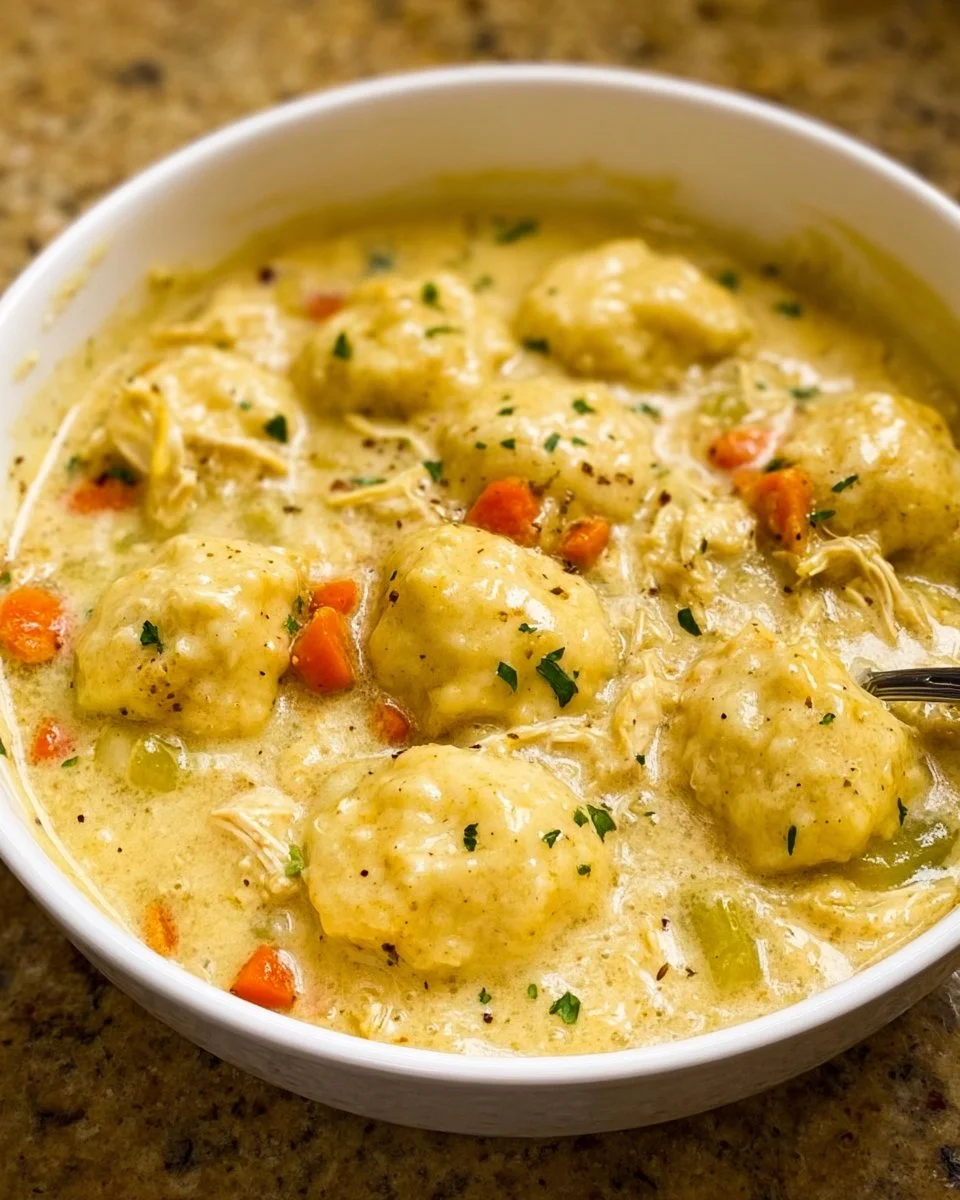 Delicious bowl of Chicken and Dumplings served with fresh herbs and vegetables