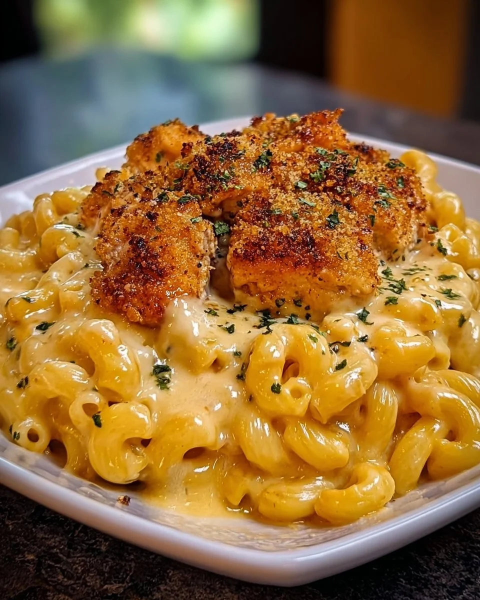 Creamy chicken mac and cheese dish topped with crispy breadcrumbs