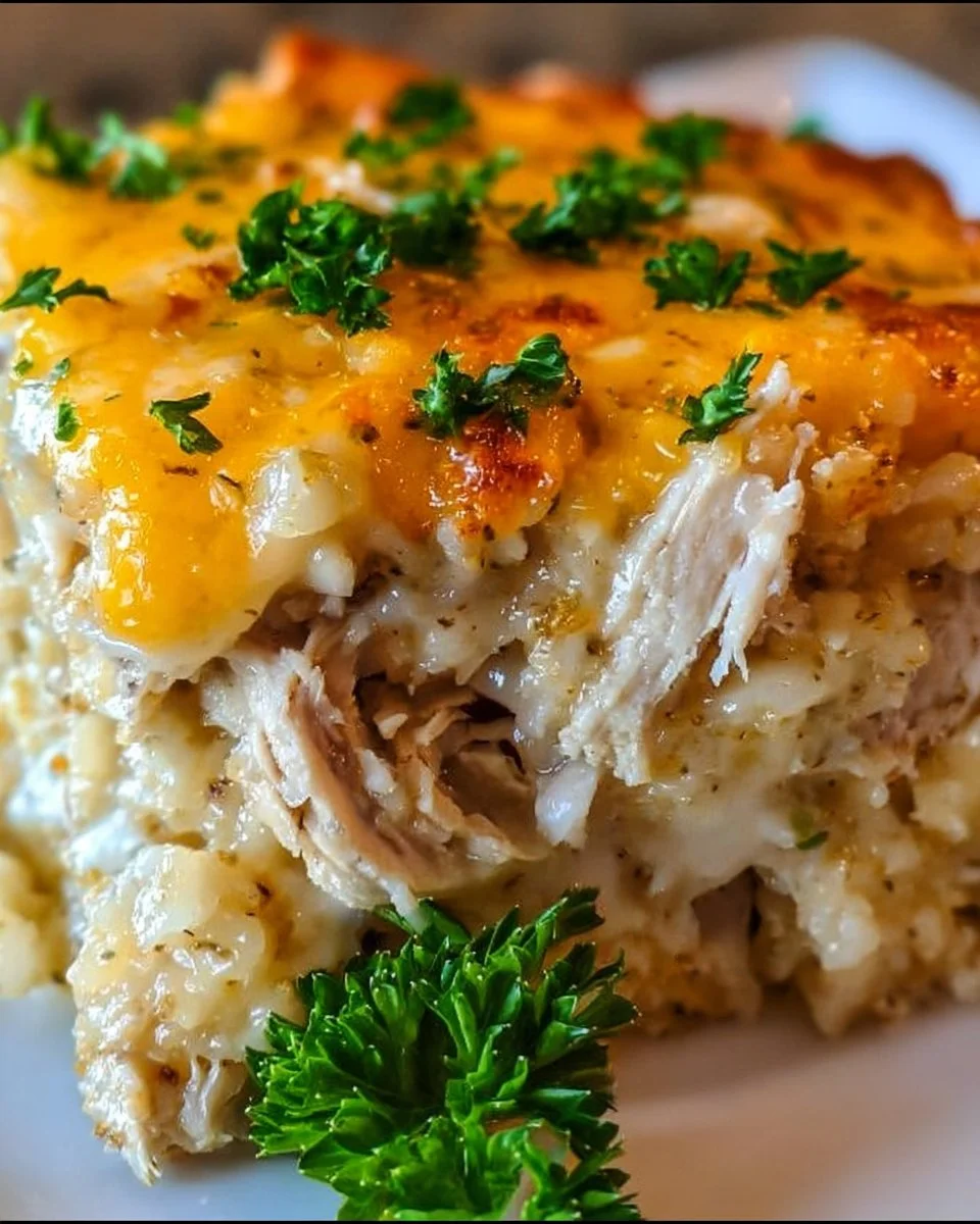 Healthy chicken cauliflower rice casserole baked to perfection