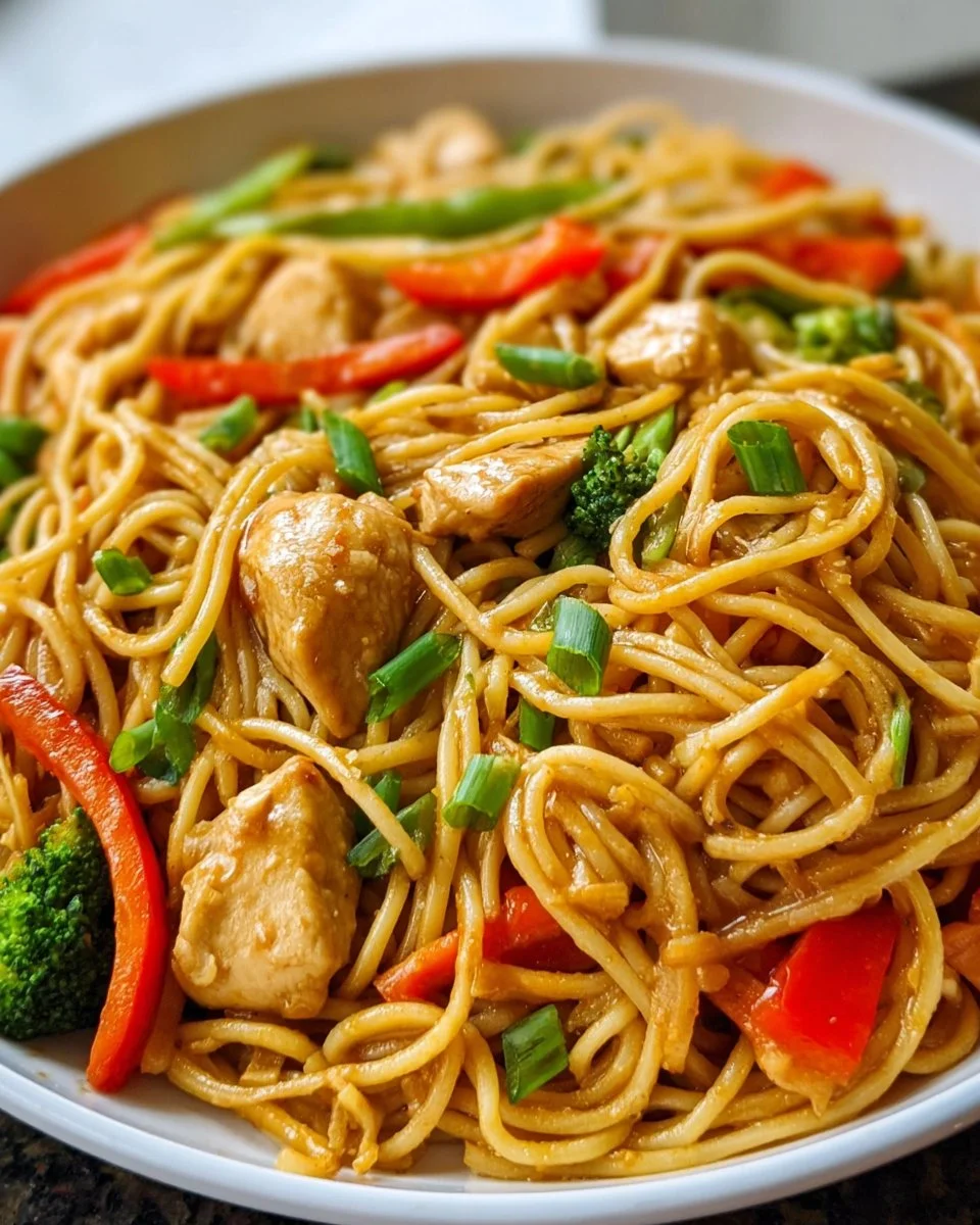 Delicious Chicken Lo Mein with chicken, vegetables, and stir-fried noodles