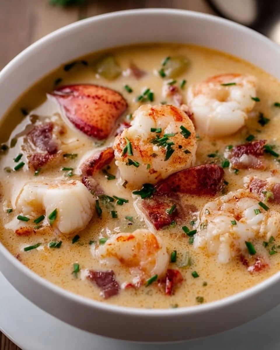 Bowl of creamy lobster scallop chowder garnished with herbs and spices