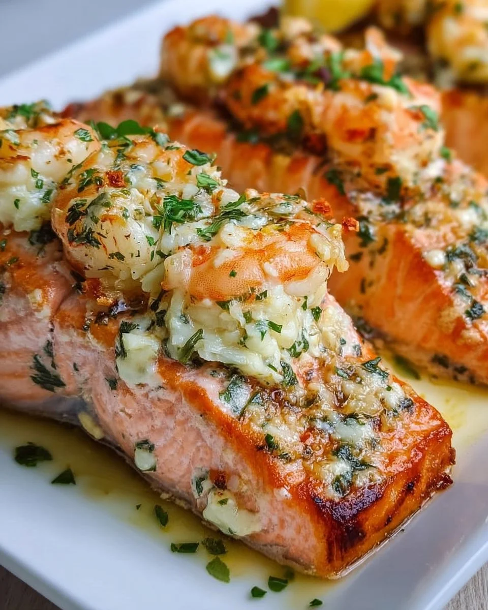 Delicious crab and shrimp stuffed salmon on a plate garnished with herbs.