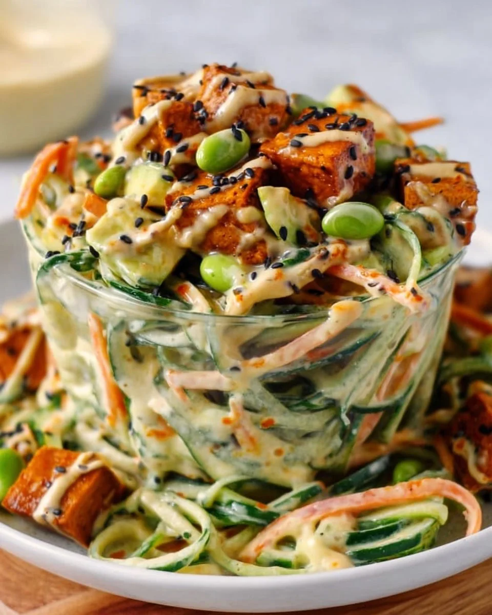 Creamy Asian cucumber salad bowl with fresh ingredients and vibrant colors