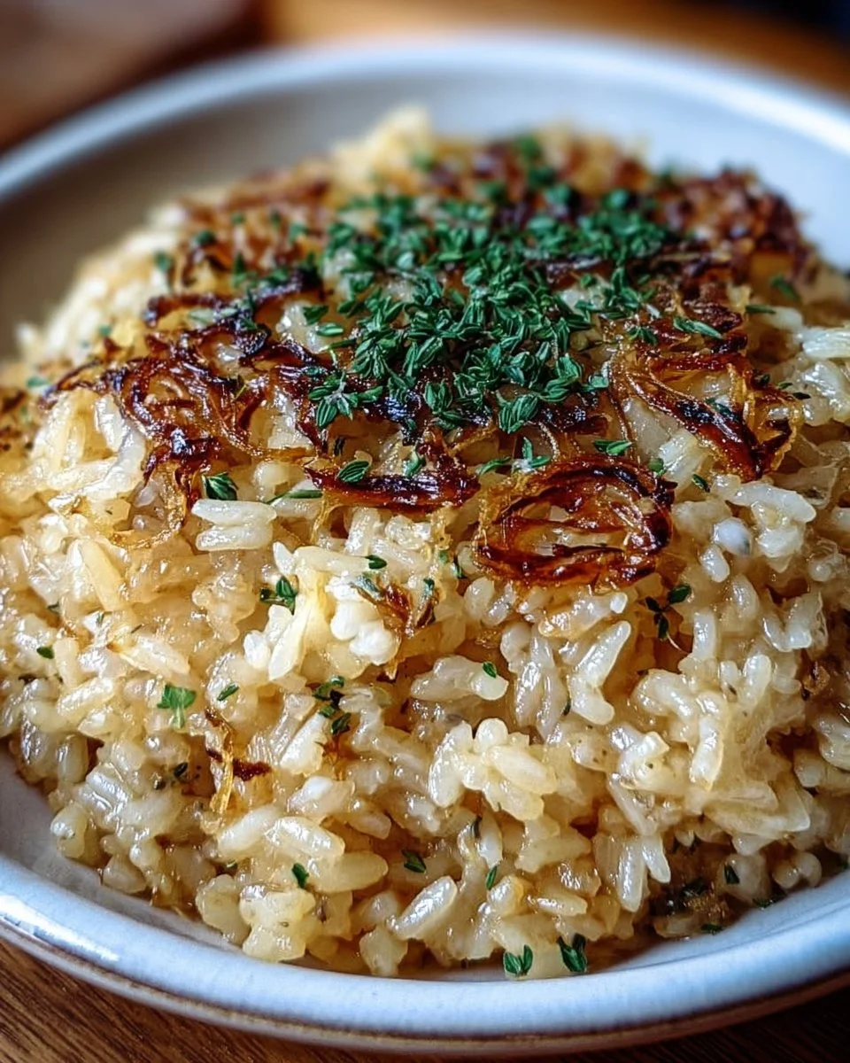 Creamy French onion butter rice dish served in a bowl