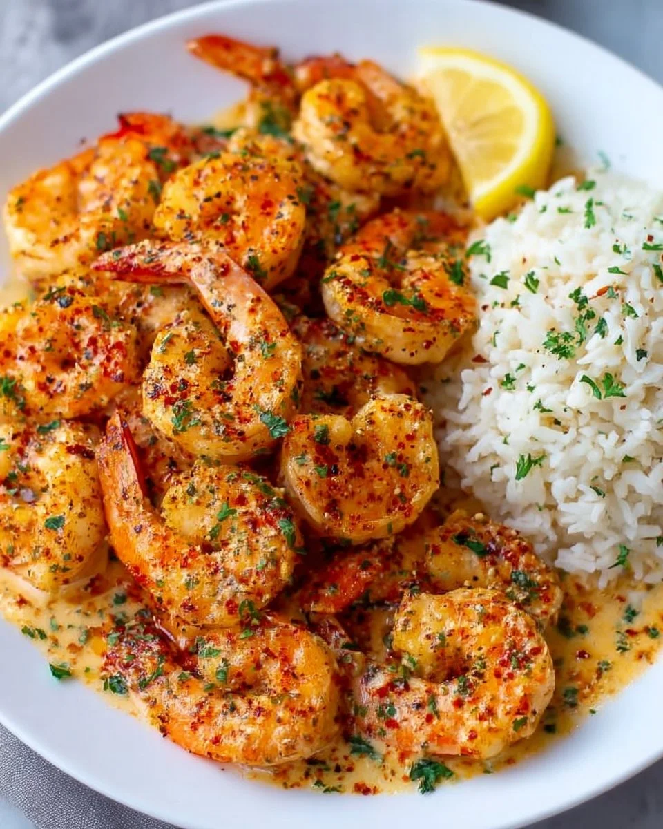 Creamy garlic butter shrimp dish served with herbs and lemon