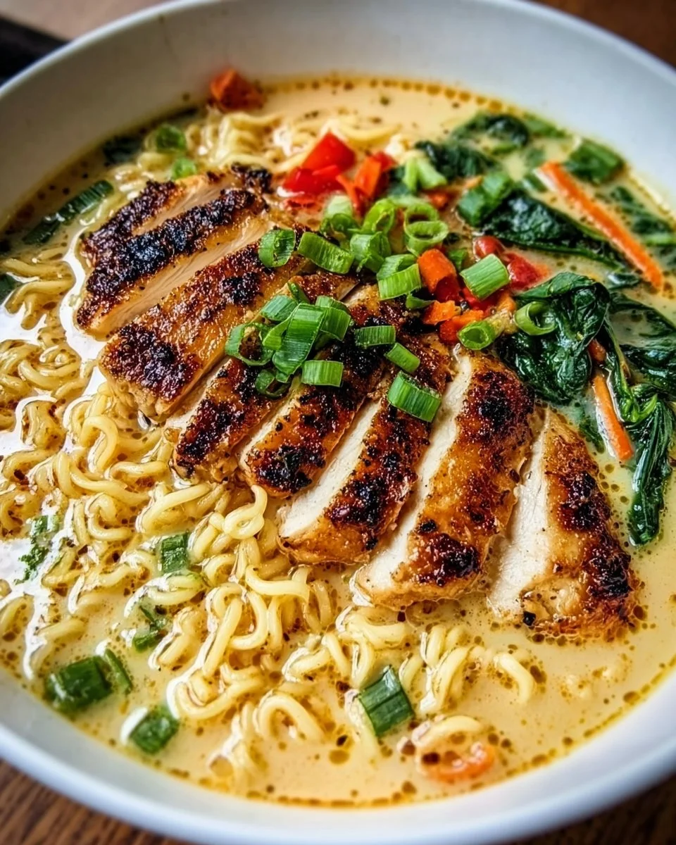 Creamy garlic chicken ramen in a bowl with fresh herbs