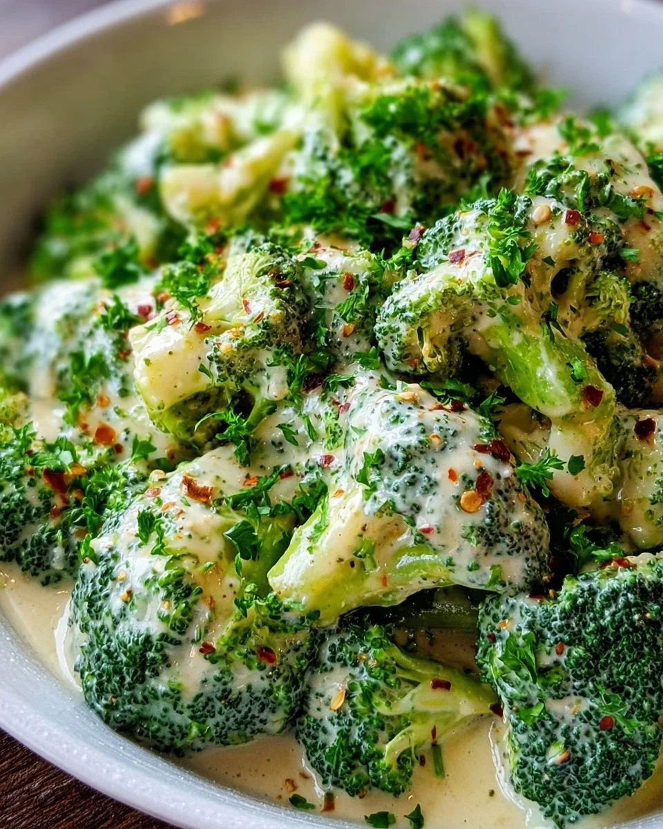Creamy garlic parmesan broccoli dish with rich sauce and fresh toppings