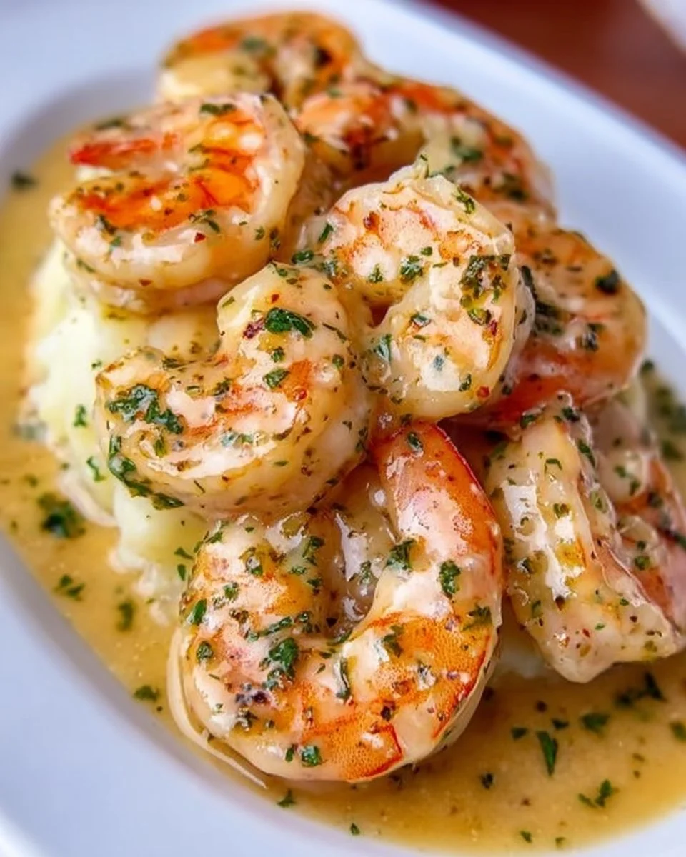 Creamy garlic shrimp served with fluffy mashed potatoes, a delicious meal.