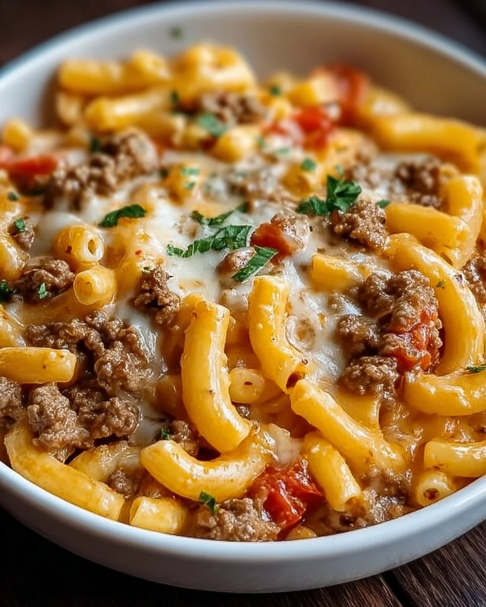 Creamy Rotel pasta with ground beef served in a bowl