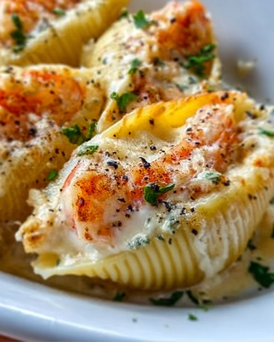Creamy seafood stuffed shells recipe with shrimp and fish filling