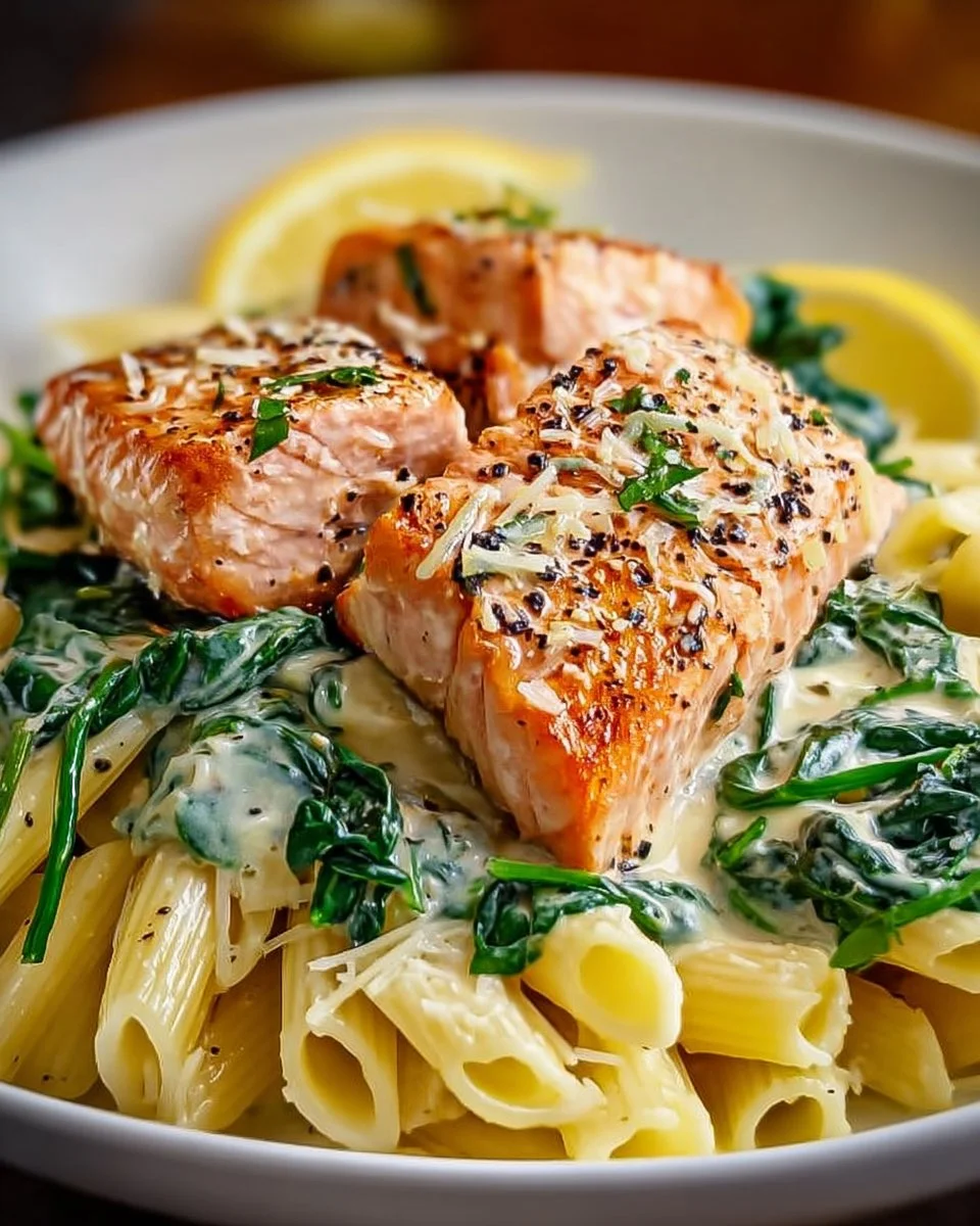Creamy spinach salmon pasta dish served in a bowl with fresh herbs