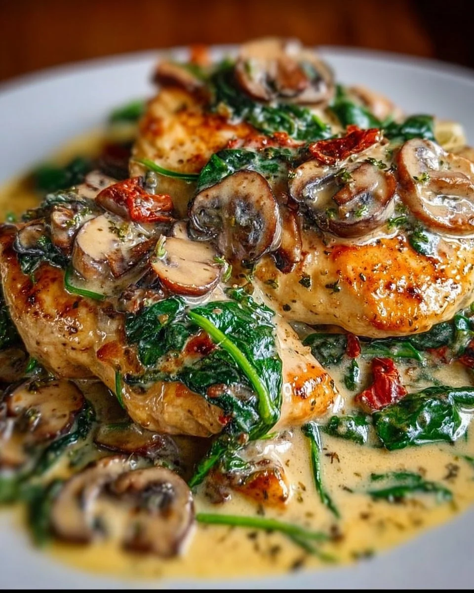 Creamy Tuscan chicken with spinach and mushrooms served on a plate
