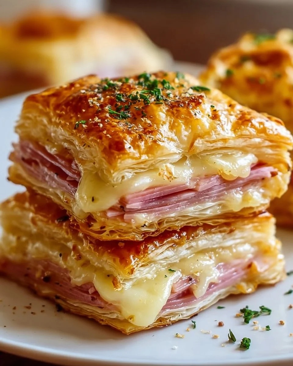 Crispy Ham & Cheese Puff Pastry Stacks on a wooden serving board