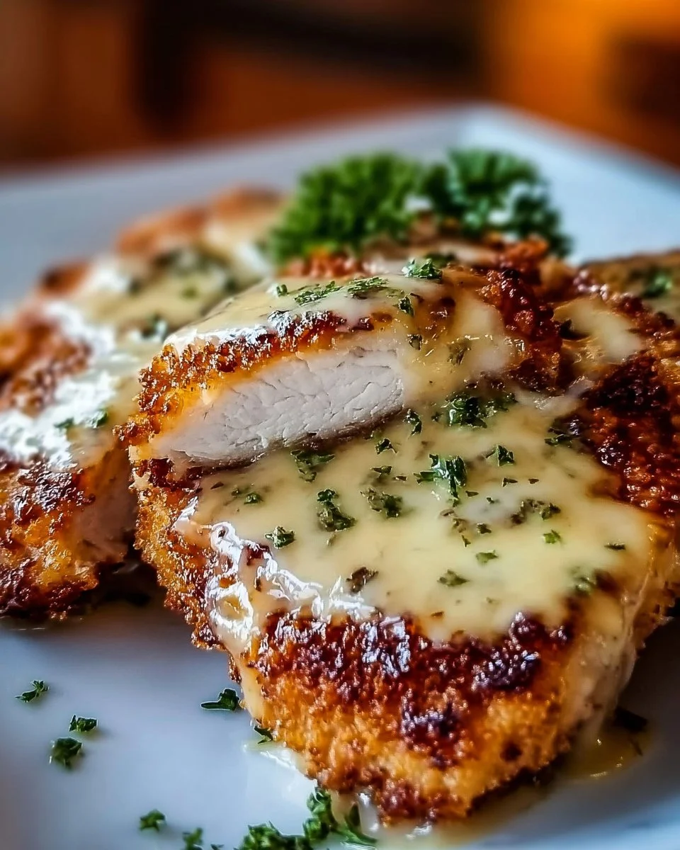 Plate of crispy Malibu chicken garnished with fresh herbs and lemon wedges