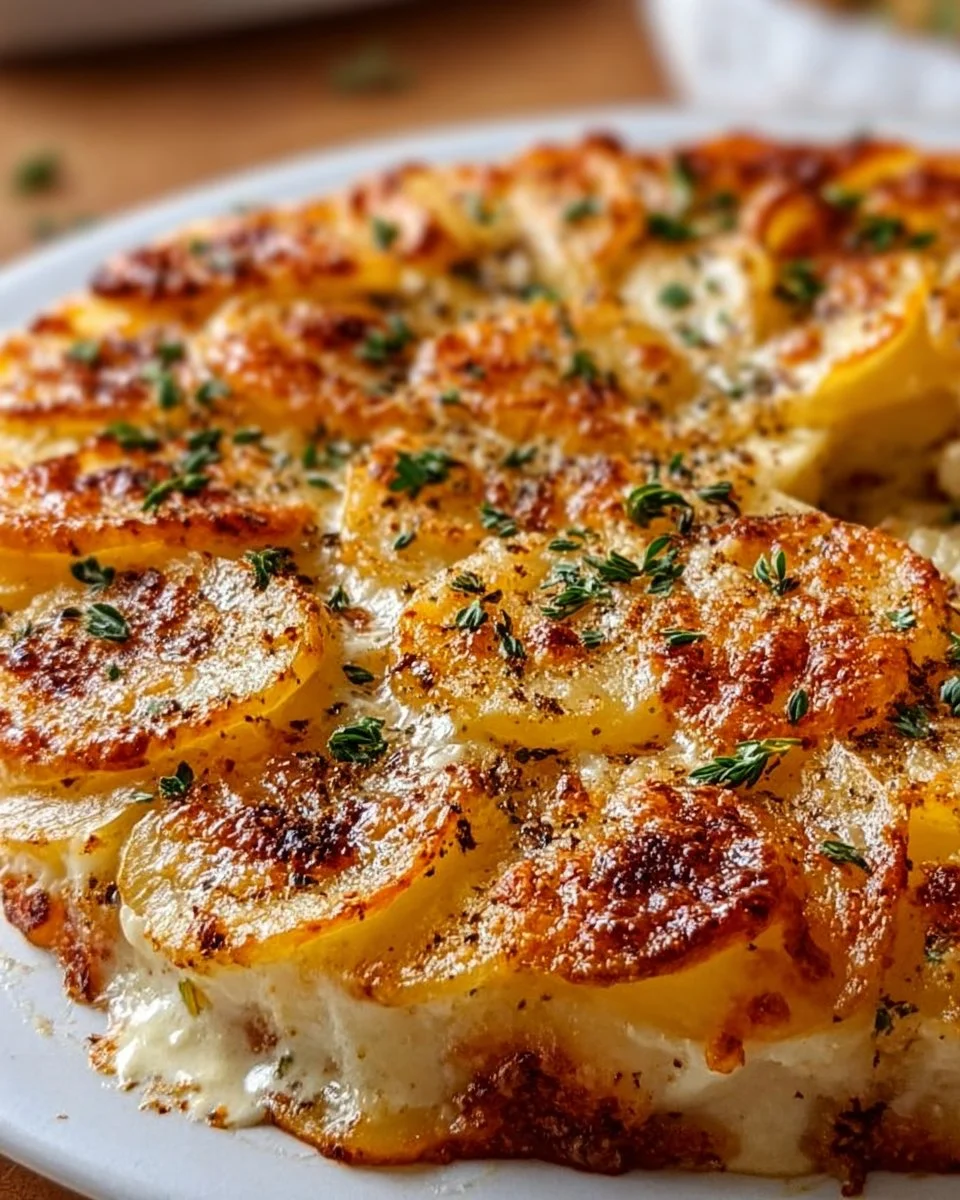 Crispy Parmesan scalloped potatoes topped with garlic cream sauce
