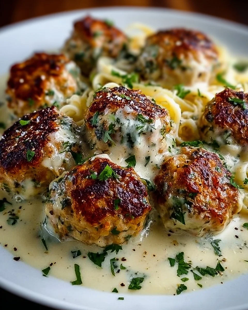 Delicious chicken ricotta meatballs served in creamy Alfredo sauce