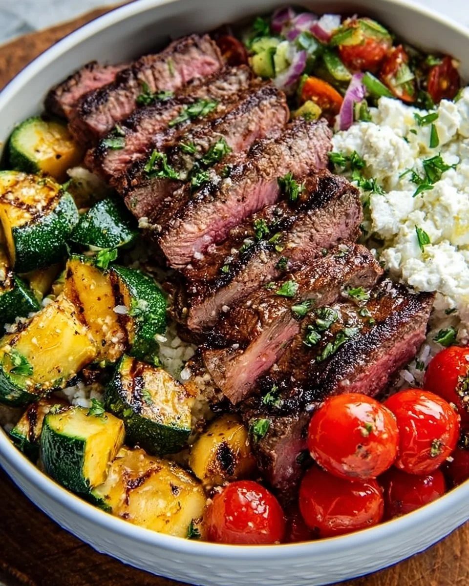Delicious Mediterranean steak bowls garnished with fresh vegetables and herbs