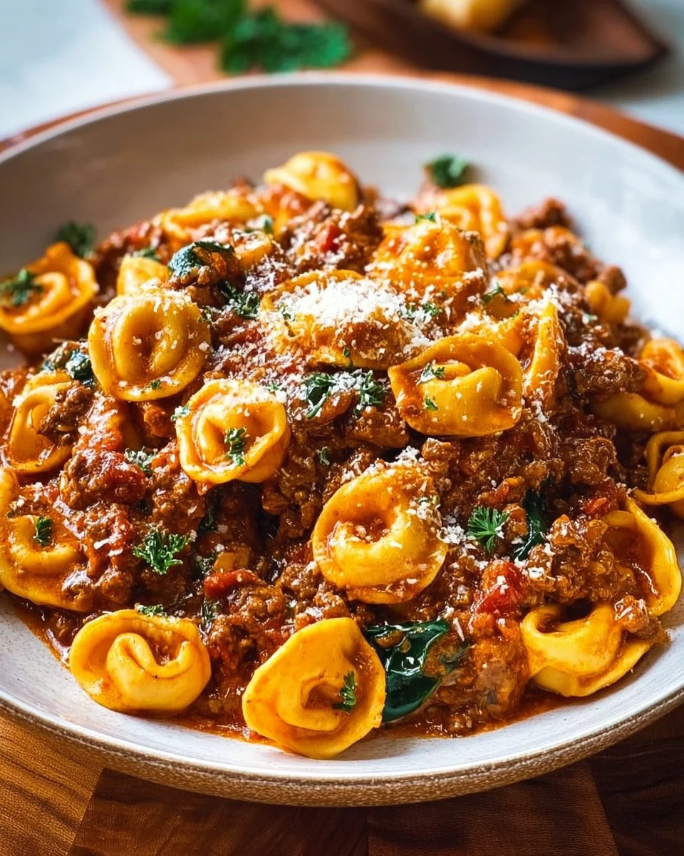 Easy Marry Me Ground Beef Pasta served in a bowl with herbs and cheese