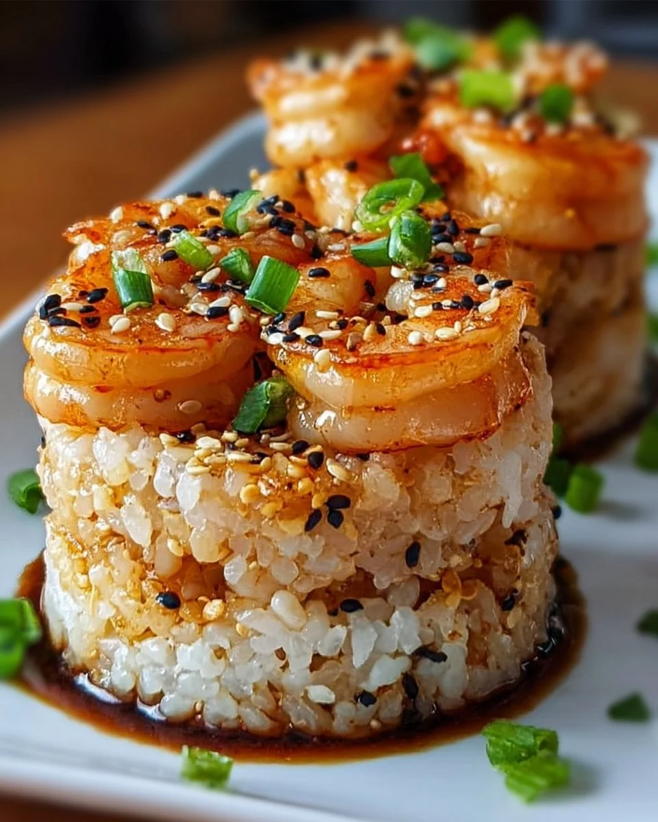 Delicious sesame garlic shrimp rice stacks served with vegetables