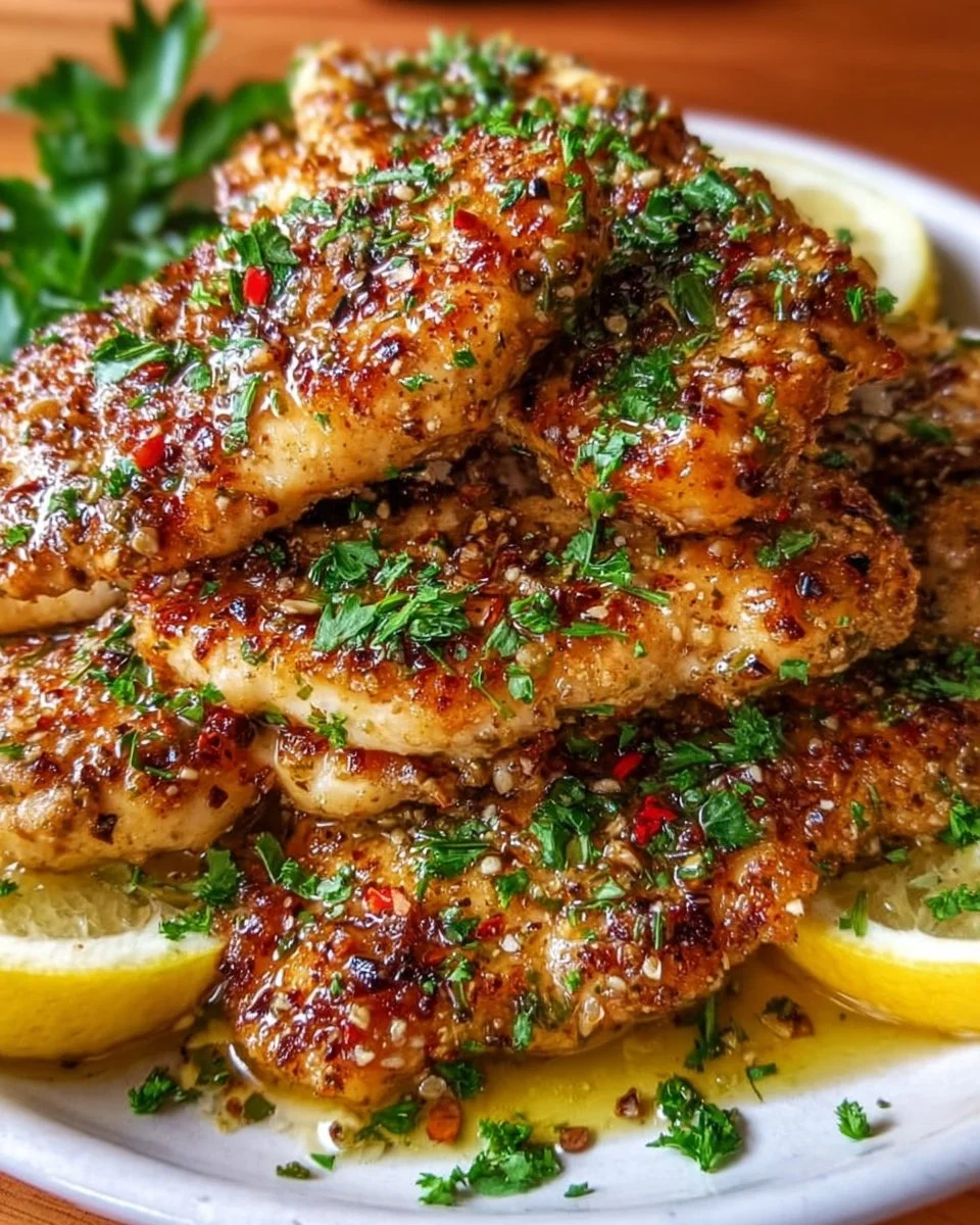 Plate of flavorful Mediterranean chicken tenders garnished with herbs and spices.