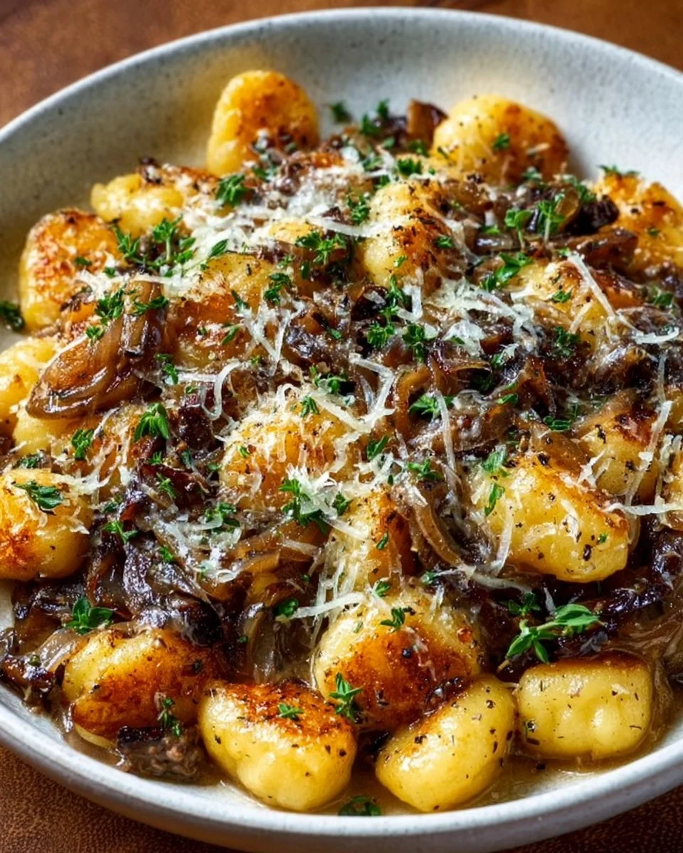 Delicious French Onion Gnocchi served with melted cheese and savory onions