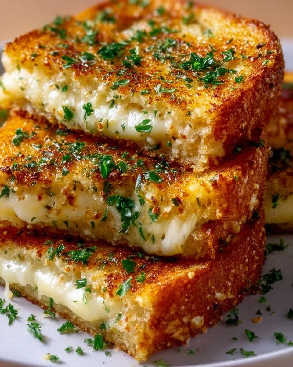 Delicious garlic bread grilled cheese sandwich oozing with melted cheese