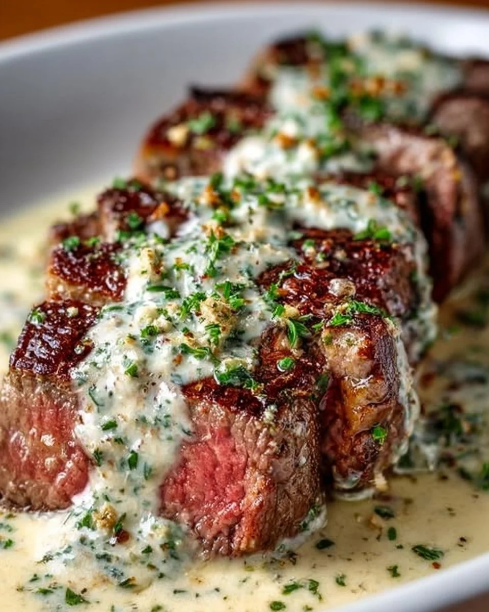 Garlic Butter Steak served with Parmesan Cream Sauce on a plate