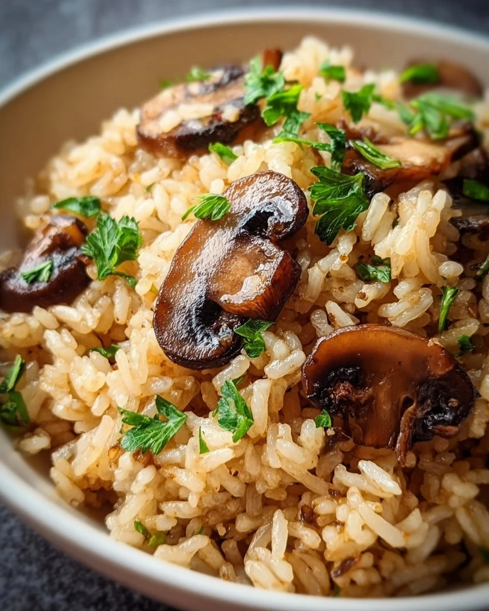 Delicious Garlic Mushroom Rice Pilaf garnished with fresh herbs
