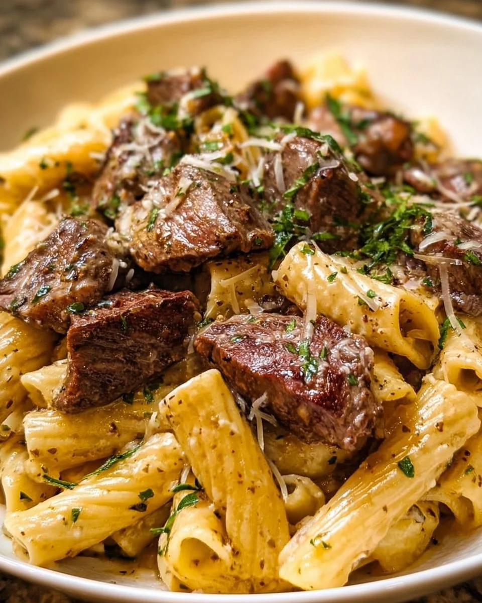 Delicious Garlic Steak Pasta topped with fresh herbs and garlic
