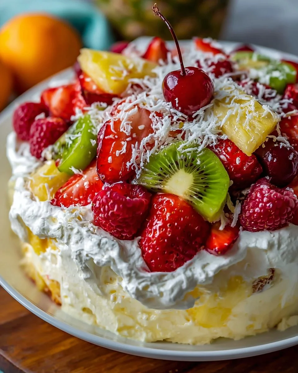 Delicious Hawaiian Cheesecake Salad with tropical fruits and creamy cheesecake topping.