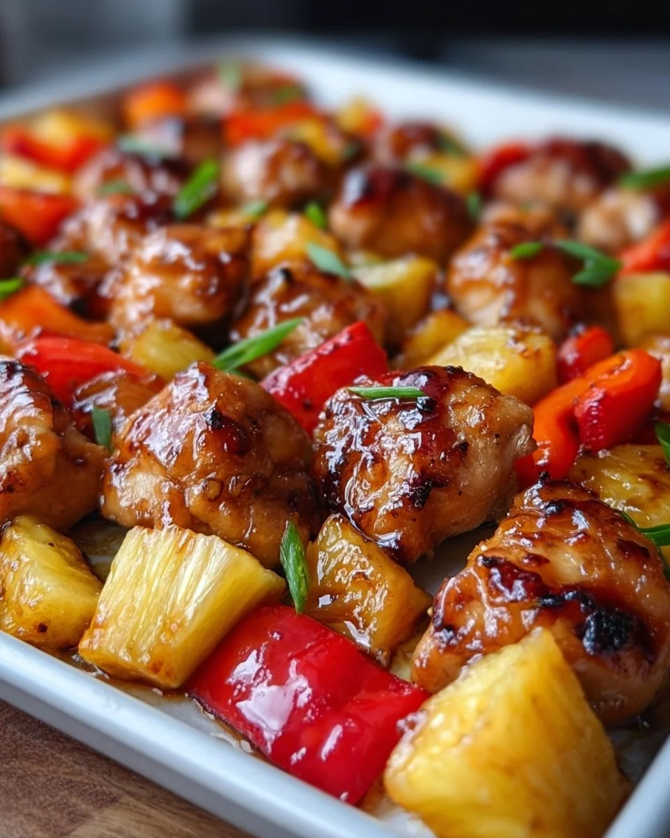 Hawaiian Chicken Sheet Pan meal with colorful vegetables and pineapple
