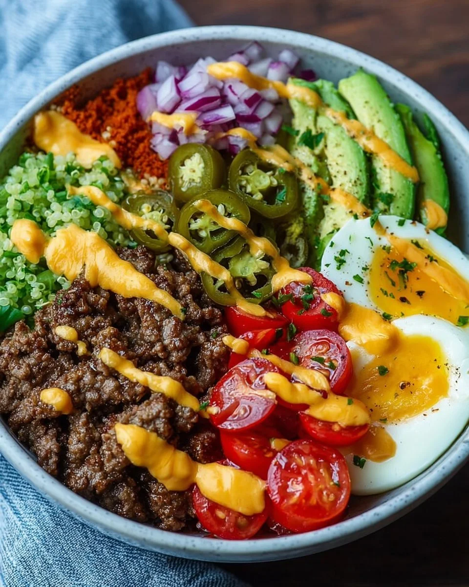 High-protein cheeseburger bowl with ground beef and burger sauce for meal prep