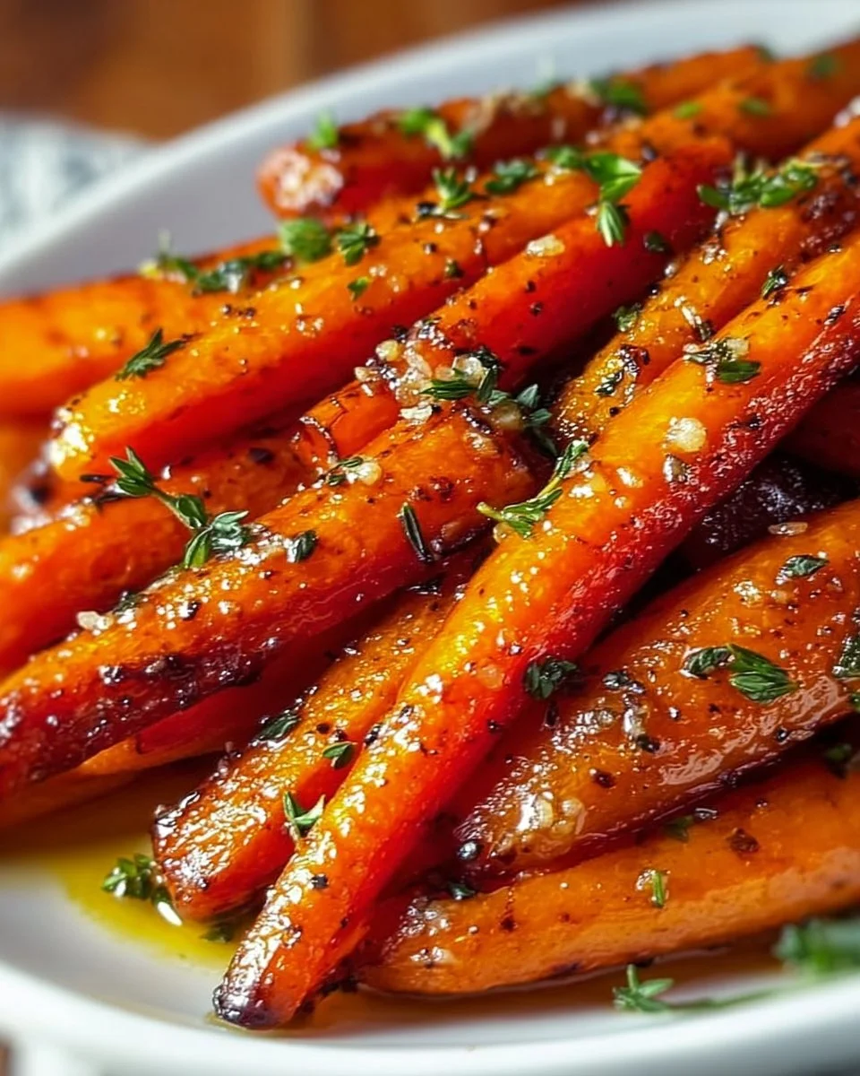 Plate of honey garlic butter roasted carrots glazed with a shiny coating.