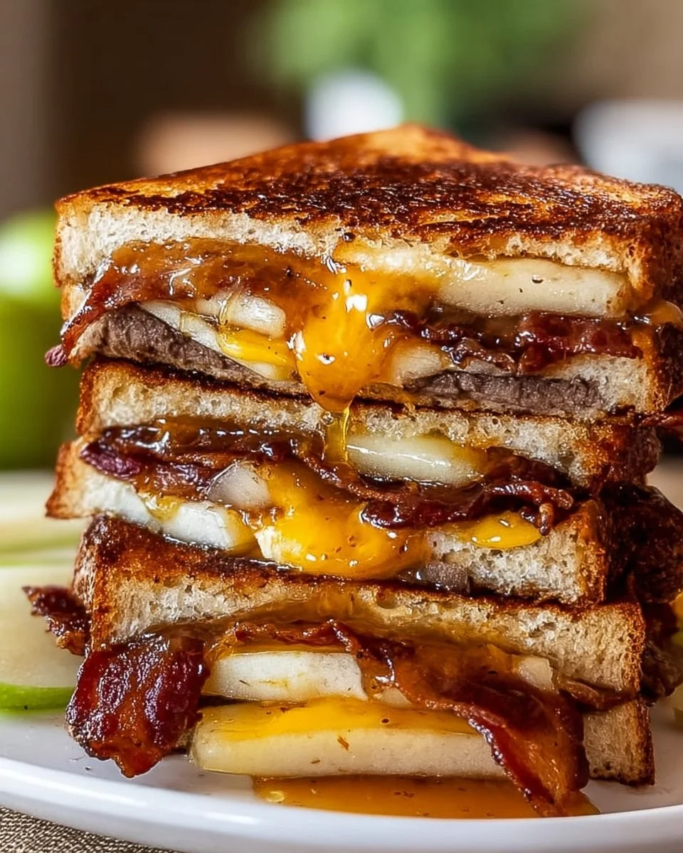Hot Honey Apple Cheddar Beef Bacon Grilled Cheese sandwich on a plate
