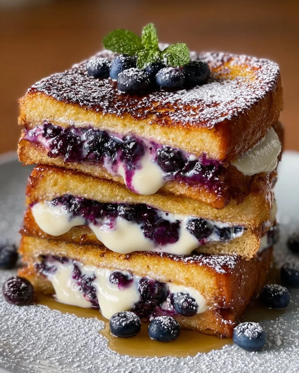 Delicious blueberry cheesecake stuffed french toast with fresh blueberries and syrup