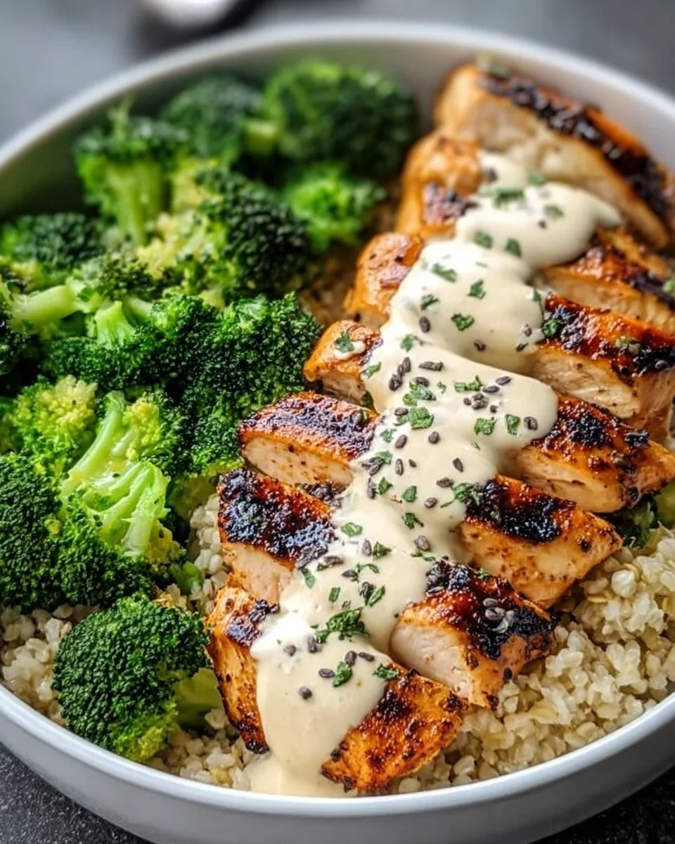 Grilled chicken bowls with broccoli and creamy garlic sauce
