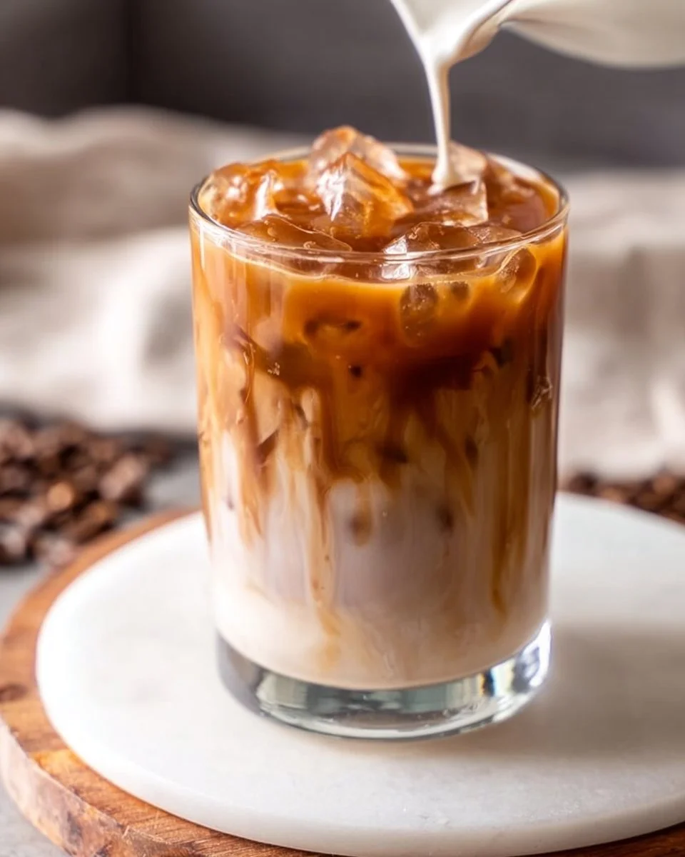 Iced Caramel Macchiato served in a tall glass with caramel drizzle on top