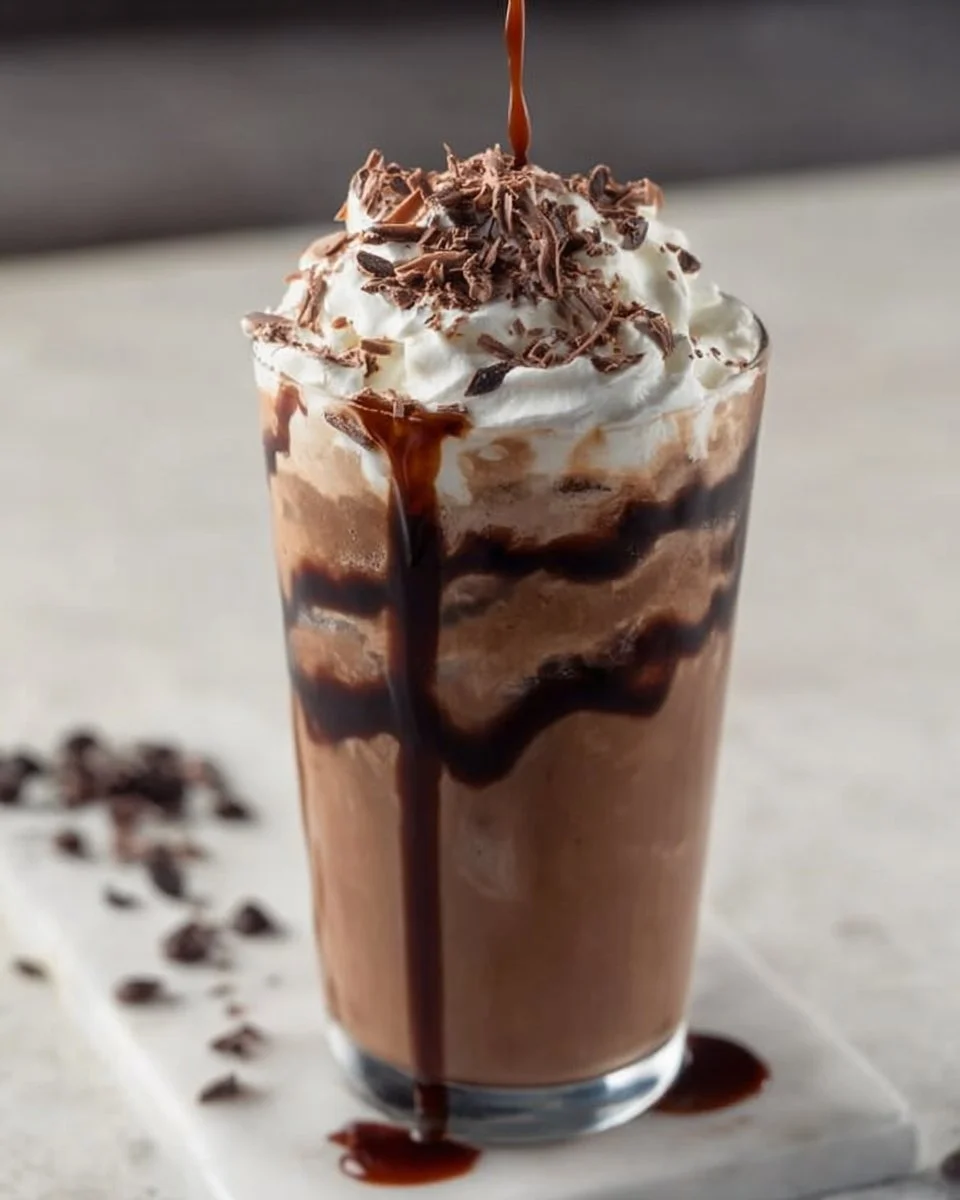 A refreshing iced mocha coffee topped with whipped cream and chocolate drizzle