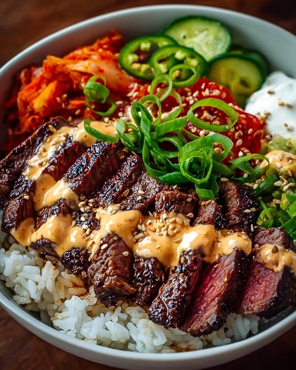 Delicious Korean BBQ Steak Rice Bowl topped with spicy cream sauce