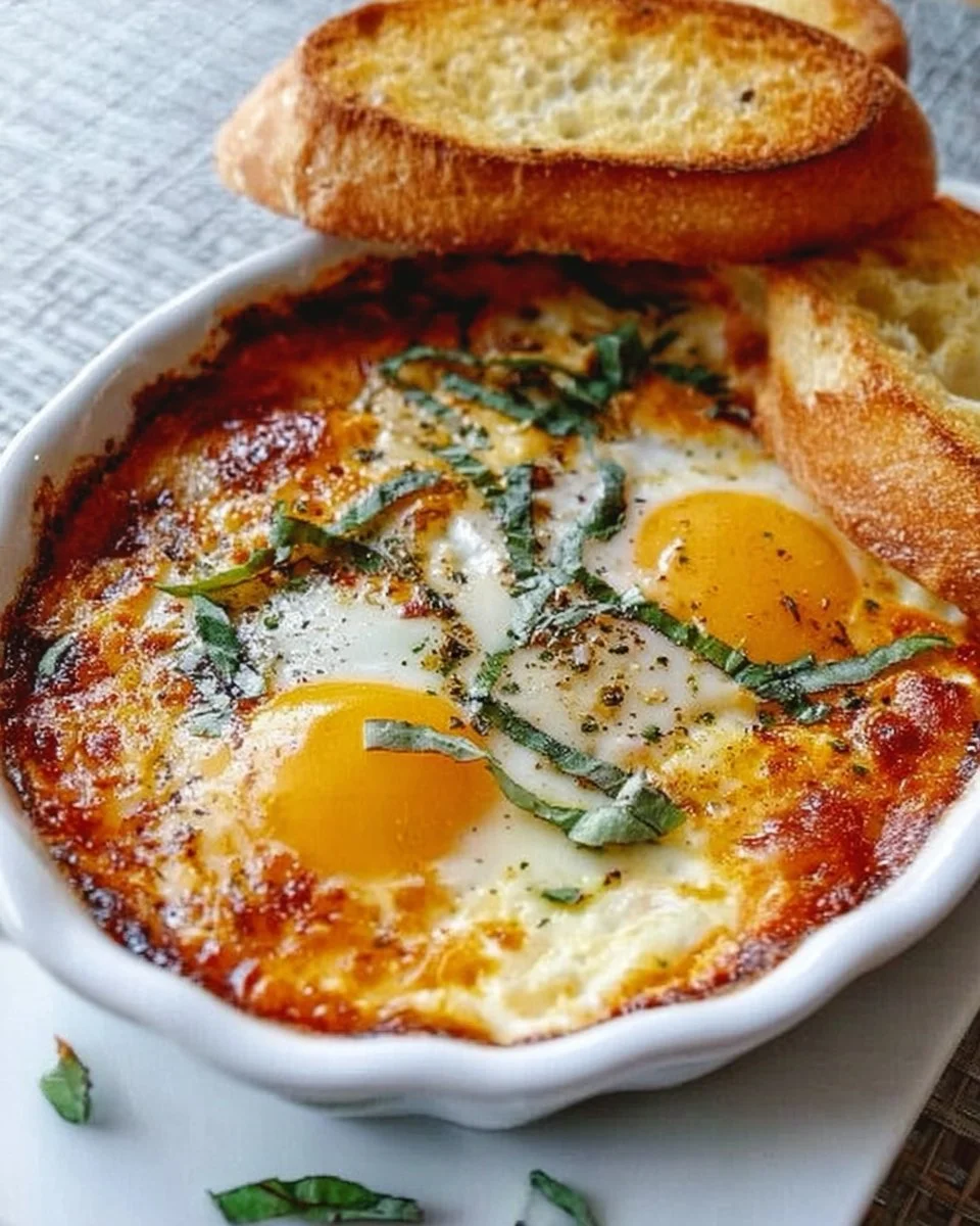 Delicious Italian baked eggs served in a rustic dish with herbs and tomatoes.